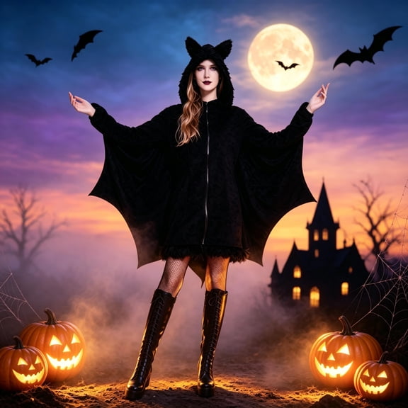 Joyfy Women‘s Black Bat Costume with Attached Ears for Halloween Party Cosplay and Themed Dress Up