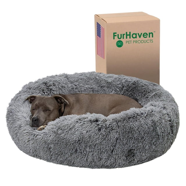 Cama Redonda para Perro Furhaven Gris de Piel Sintética y Cubierta Lavable, Tamaño Grande