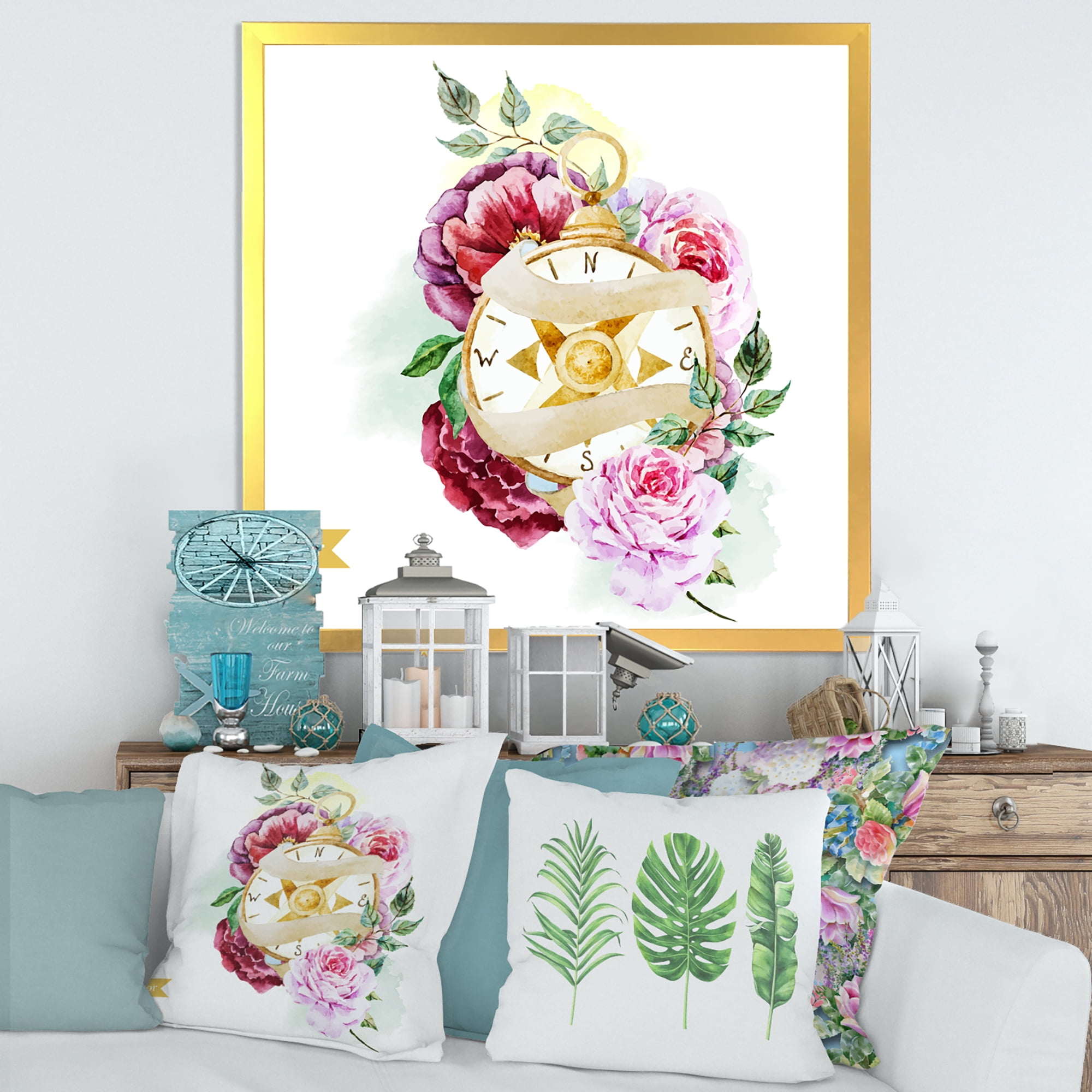 Designart 'Compass Among Flowers' Traditional Framed Art Print
