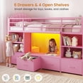 thumbnail image 3 of Mabor Twin Size Low Loft Bed with 6 Storage Drawers,Twin Loft Bed with Bookcase & LED Lights, Upholstered Headboard, Secret Play Space, Metal Bed Frame with Safety Guardrail & Inclined Ladder,Pink, 3 of 9