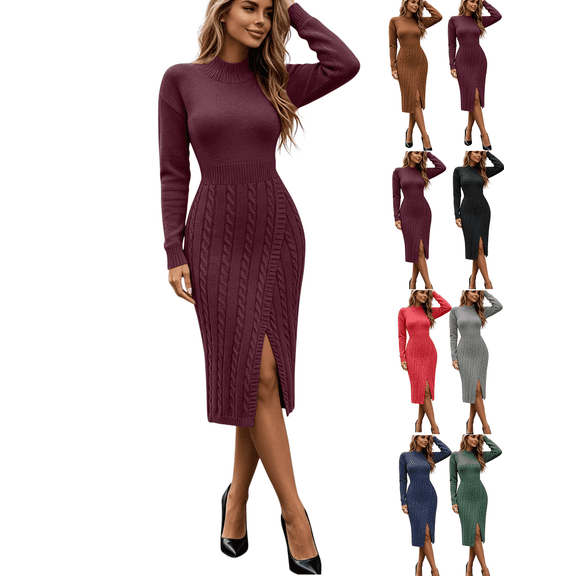 Womens Sweater Dress Cable Knit Long Sleeve Dresses Bodycon Crew Neck Basic Elegant Winter Outfits