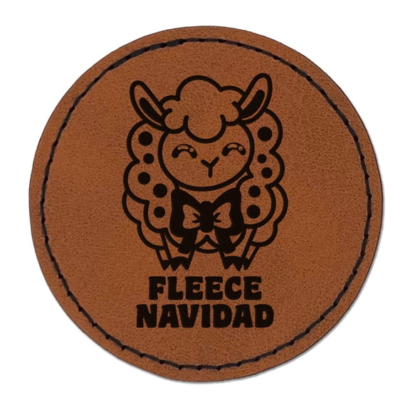 Fleece Navidad Christmas Sheep 2.5" Faux Leather Round Engraved Iron-On Patch - Brown