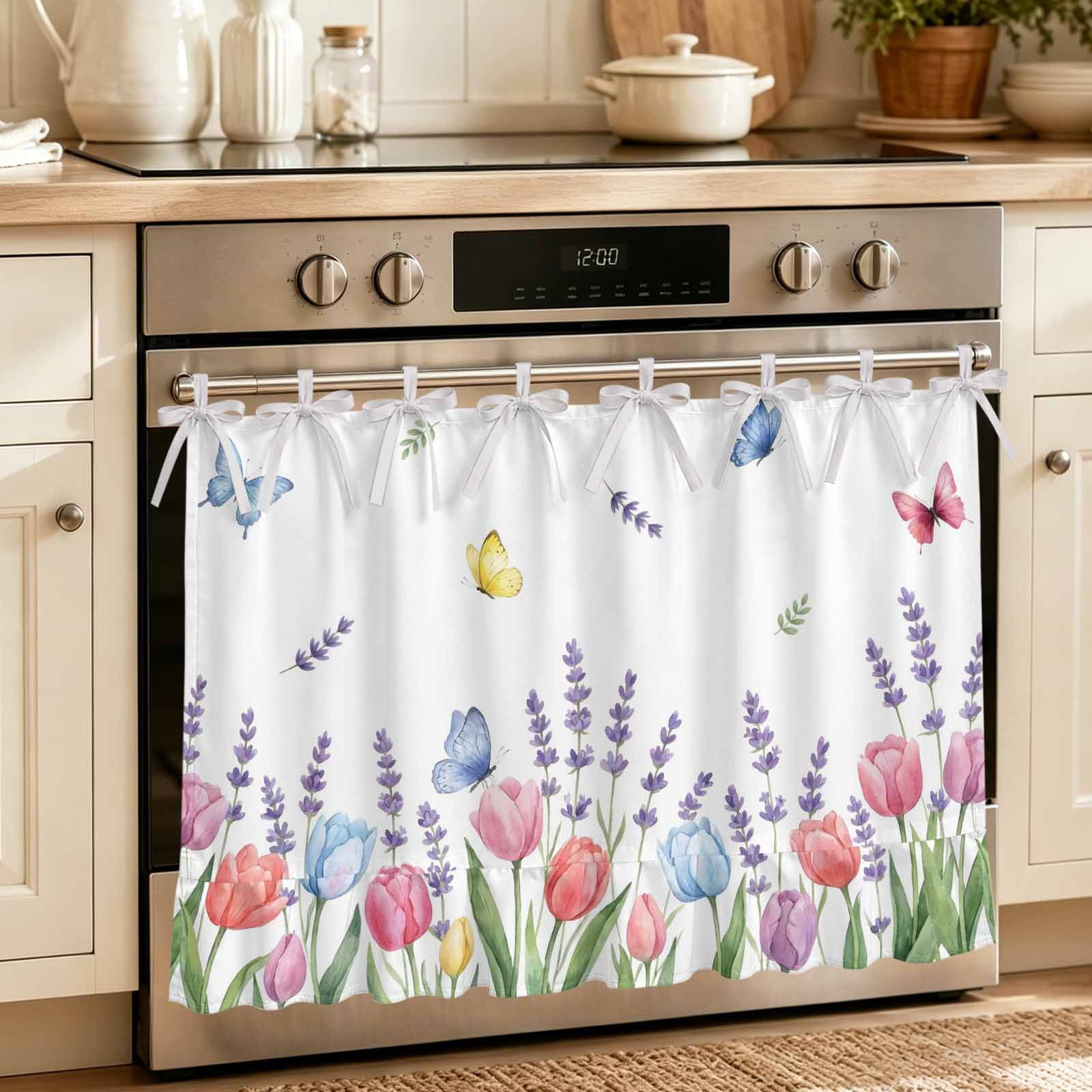 Spring Floral Oven Skirt for Farmhouse Kitchen D&eacute;cor Tulip Summer Flowers Botanical Butterfly Oven Curtain Tie Top Decorative Stove Skirt Cabinet Dish Washer Curtains with 8 Ribbon Ties 27 x20