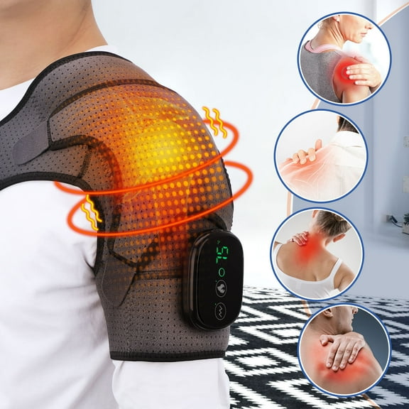 Heated Shoulder Wrap Brace with Vibration Cordless Shoulder Heating Pad 3 Heat Levels Heating Pad for Shoulder Pain for Men Women 5000mAh Battery LED Display
