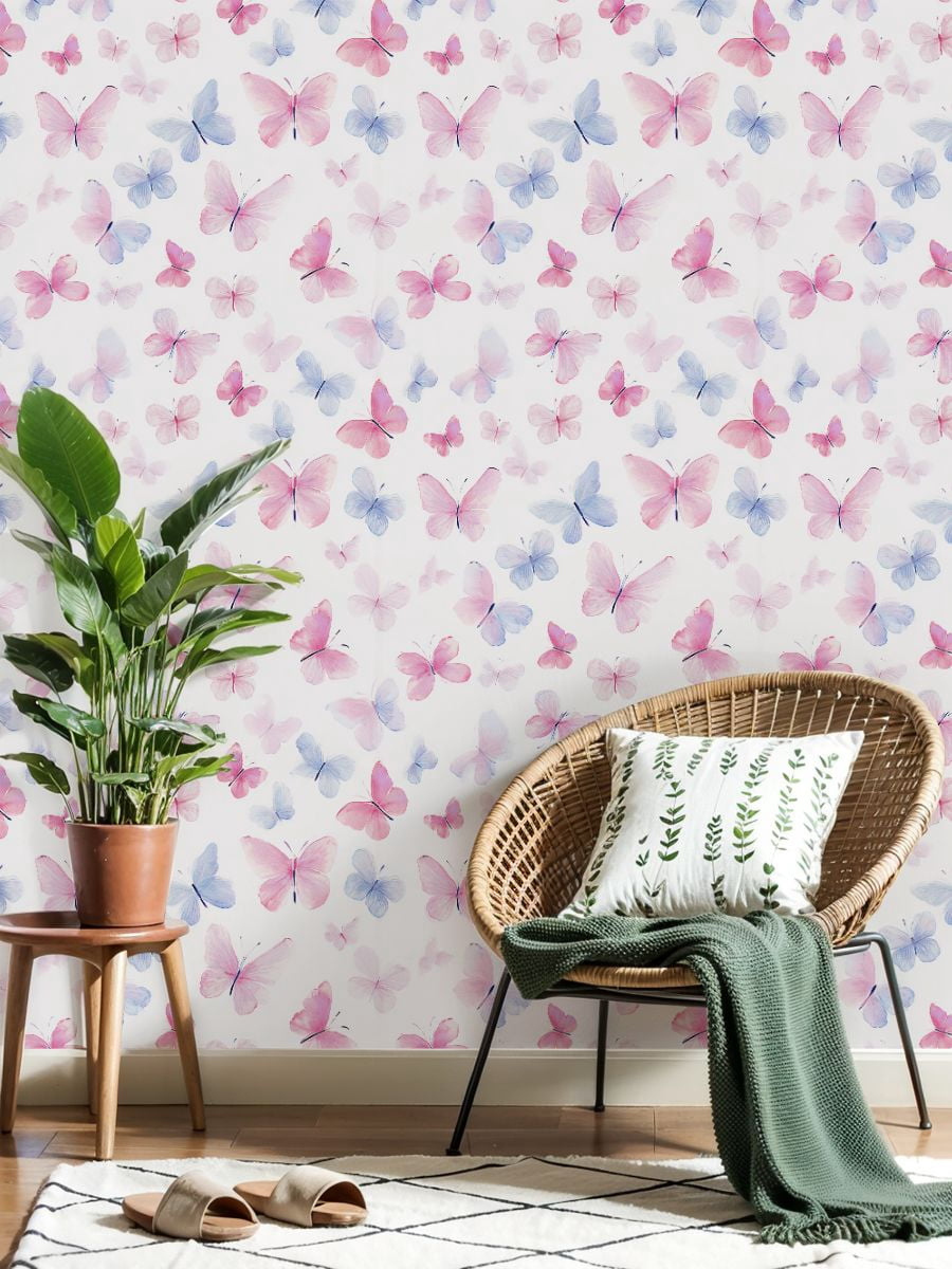 Peel and Stick Wallpaper Watercolor Butterflies Soft Pink Blue Tones White Wall Mural 17.7in x 9.8ft Self Adhesive Removable Wall Paper Renter Friendly Wallpaper for Nursery Bedroom Cabinets