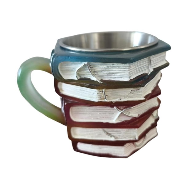 Taza de café de resina ligera, patrón de libros apilados pintados, 9 x 9 x 12 cm, colorida, ideal para amantes de la literatura, decoración de mesa
