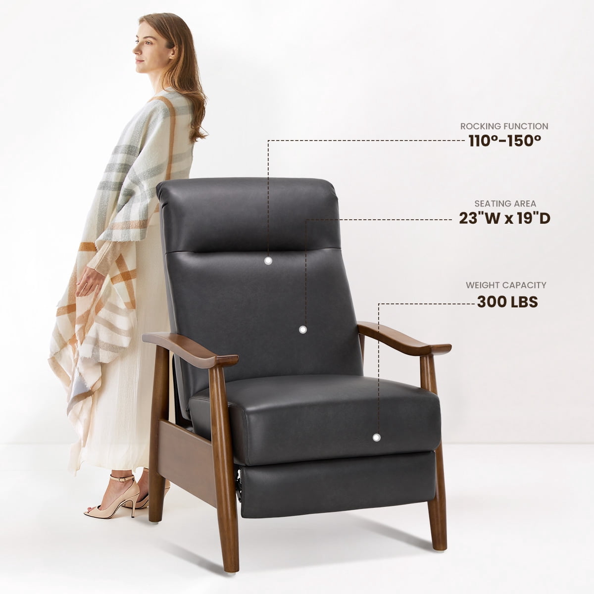 AFO Mid Century Modern Recliner Chair Set of 2, Leather Push Back Armchair with Retractable Footrest, Solid Wood Legs, High Back Lounge Chair for Living Room, Black
