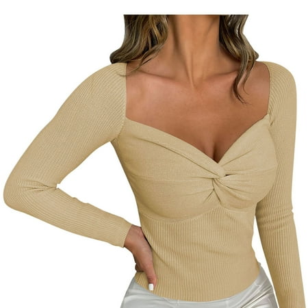 

LBECLEY Womens Tops Lace Shirt Woman Fashion Corset Front Wide Collar Long Sleeve Temperament Sweater Top Slit Back Blouses for Women Womens Long Sleeve Tops Khaki M