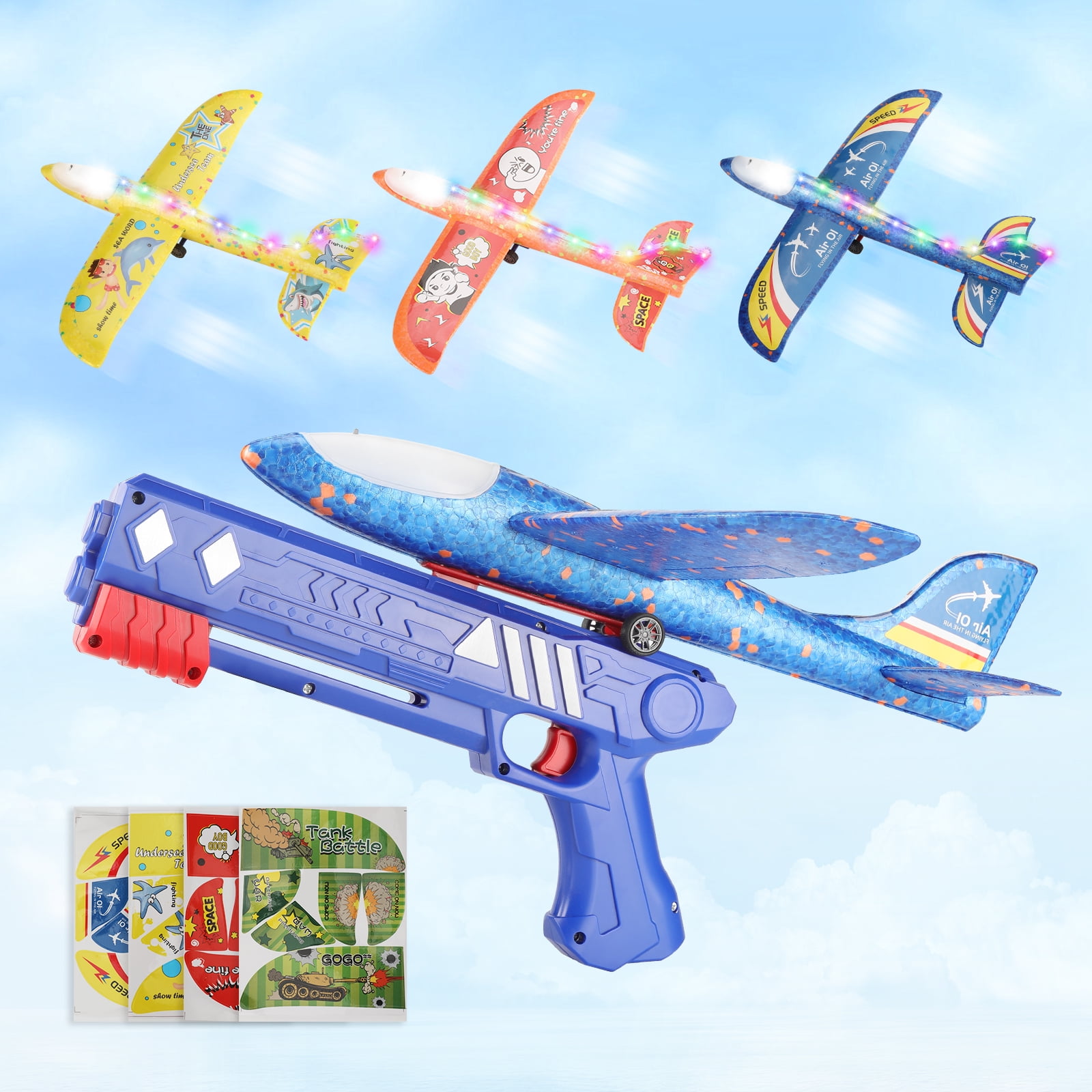 3 Pack Airplane Launcher Toys, 2 Flight Modes LED Light Foam Glider Catapult Plane Toy,Outdoor Flying Toys Birthday Gifts for Kids Boys Girls 3 4 5 6 7 8 9 10 Year Old