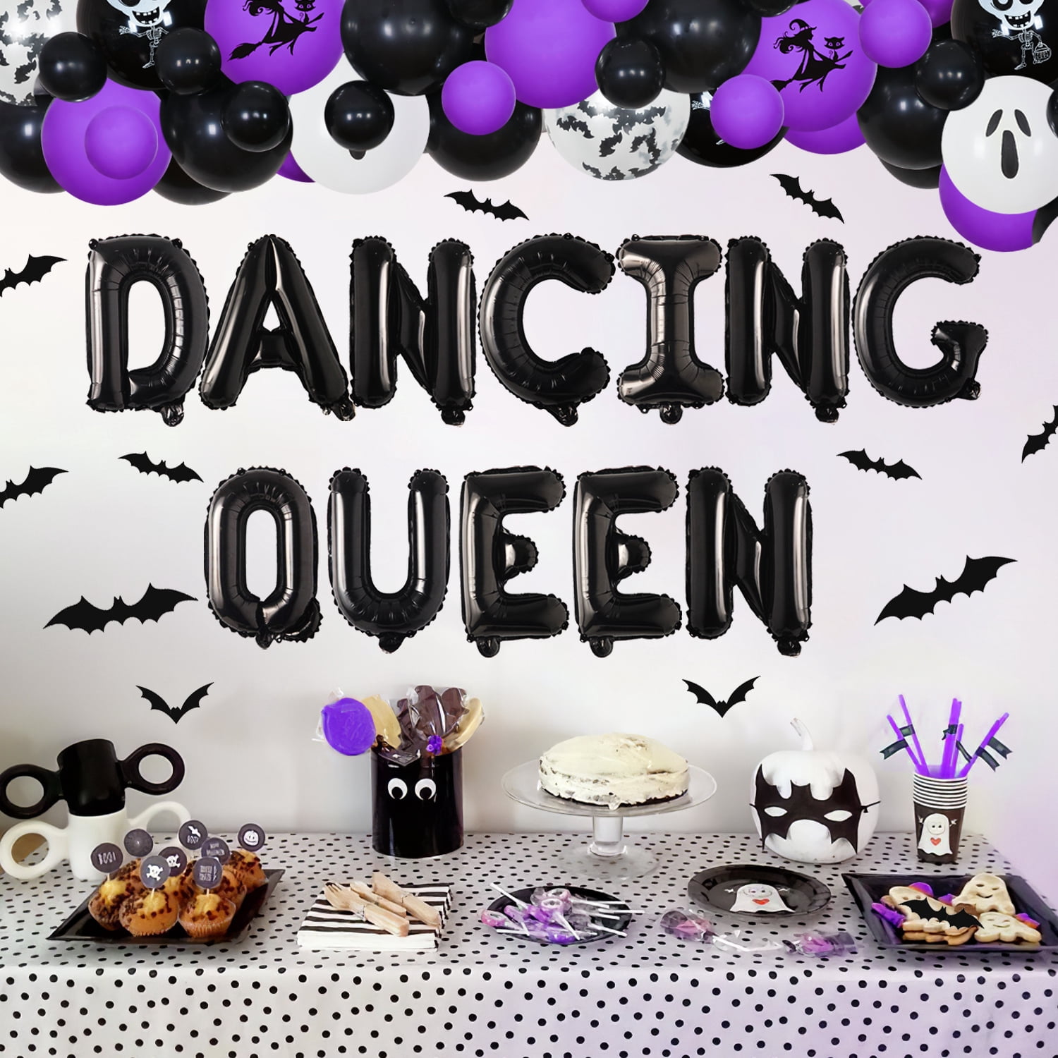 94Pcs Purple Balck Dancing Queen Party Decorations Halloween Balloon Arch Garland Kit 4D Disco Dancing Queen Foil Balloons 3D Bat Wall Stickers for Dancing Queen Bachelorette Party Decor Supplies