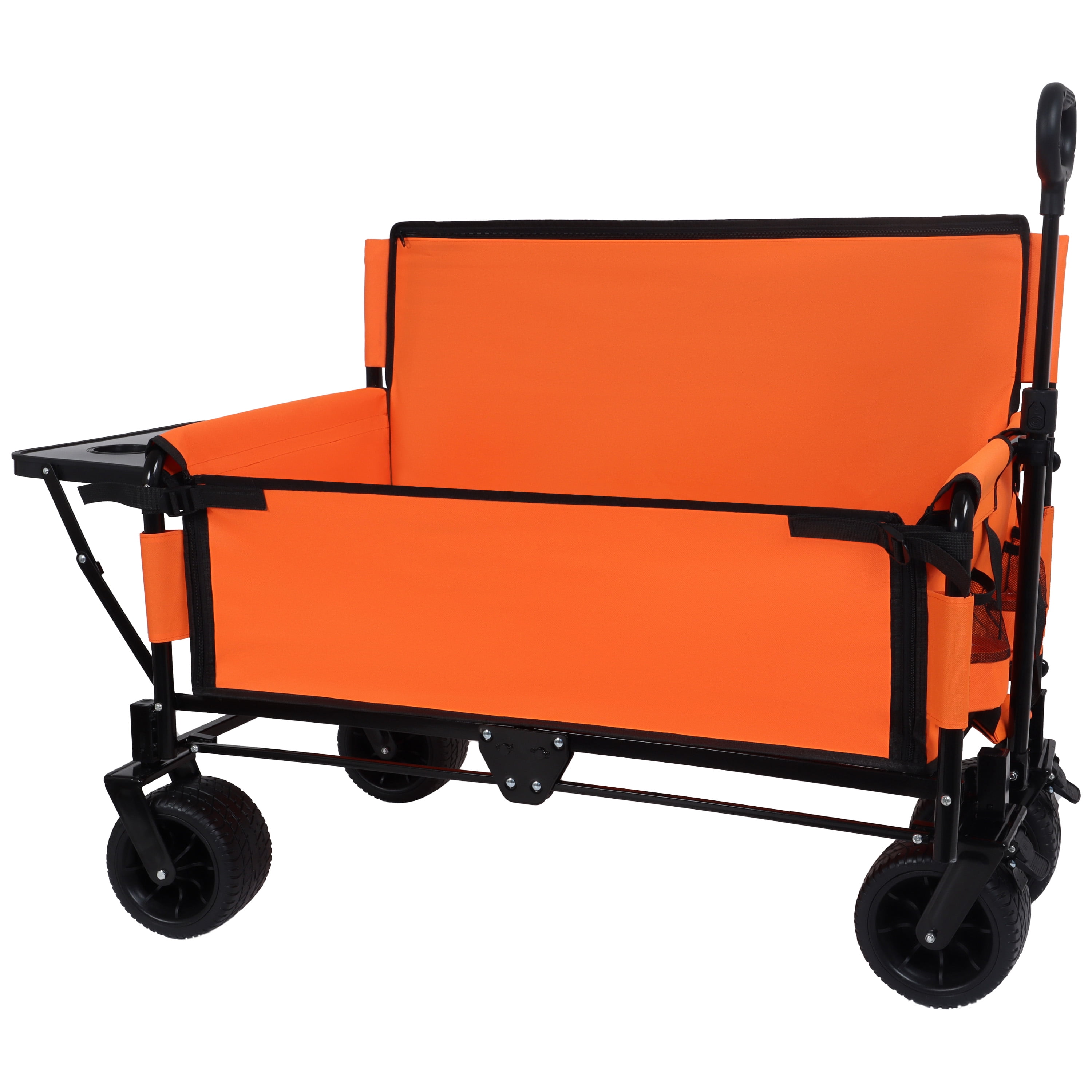 3-in-1 Convertible Folding Wagon Cart, Orange, 500lbs Heavy-Duty Utility Wagon with Bench Seat & Rear Folding Tabletop, 180L Capacity All-Terrain Wheels for Outdoor Use