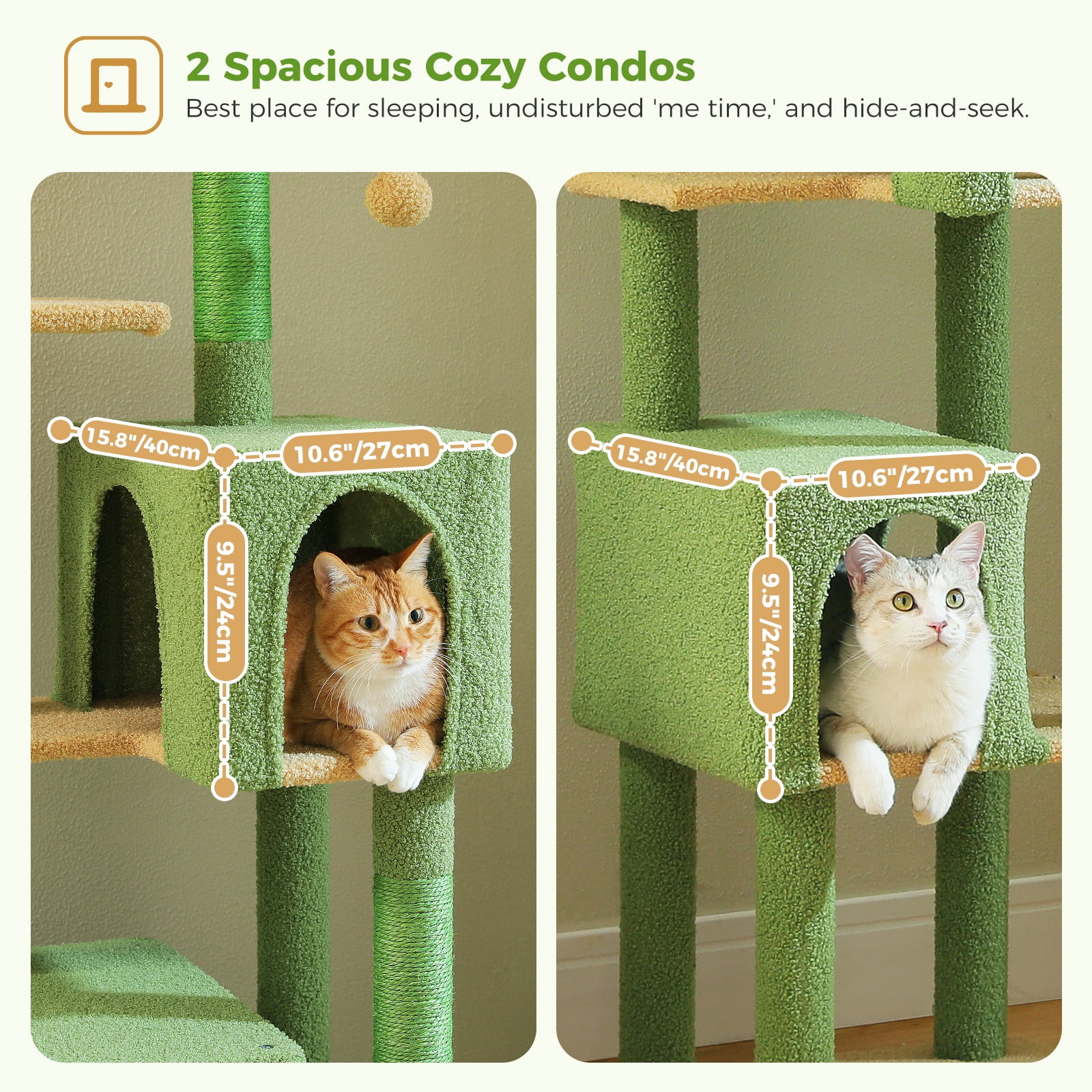 Kadyn 62" Multi-Level Cat Tree for Indoor Cats, Cat Tower with Cozy Cat Condo and Top Perch for Small&Medium Cat, Green