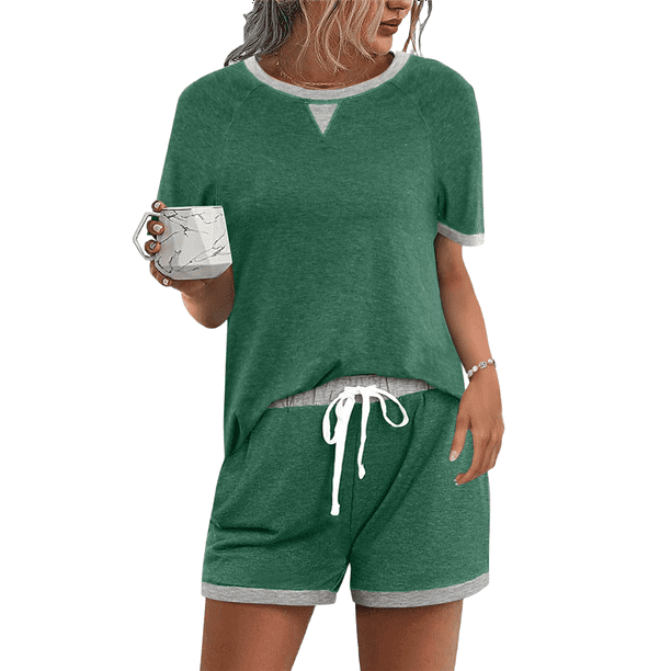 Conjunto de 2 Piezas para Mujer, Ropa de Estar por Casa, Top y Pantalones Cortos de Corta con Bloques de Color, Ropa de Verano 2025, Verde, L