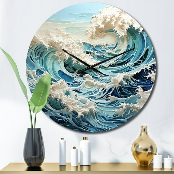 Designart "Waves in Kinetic Blue I" Nautical & Beach Oversized Wall Clock