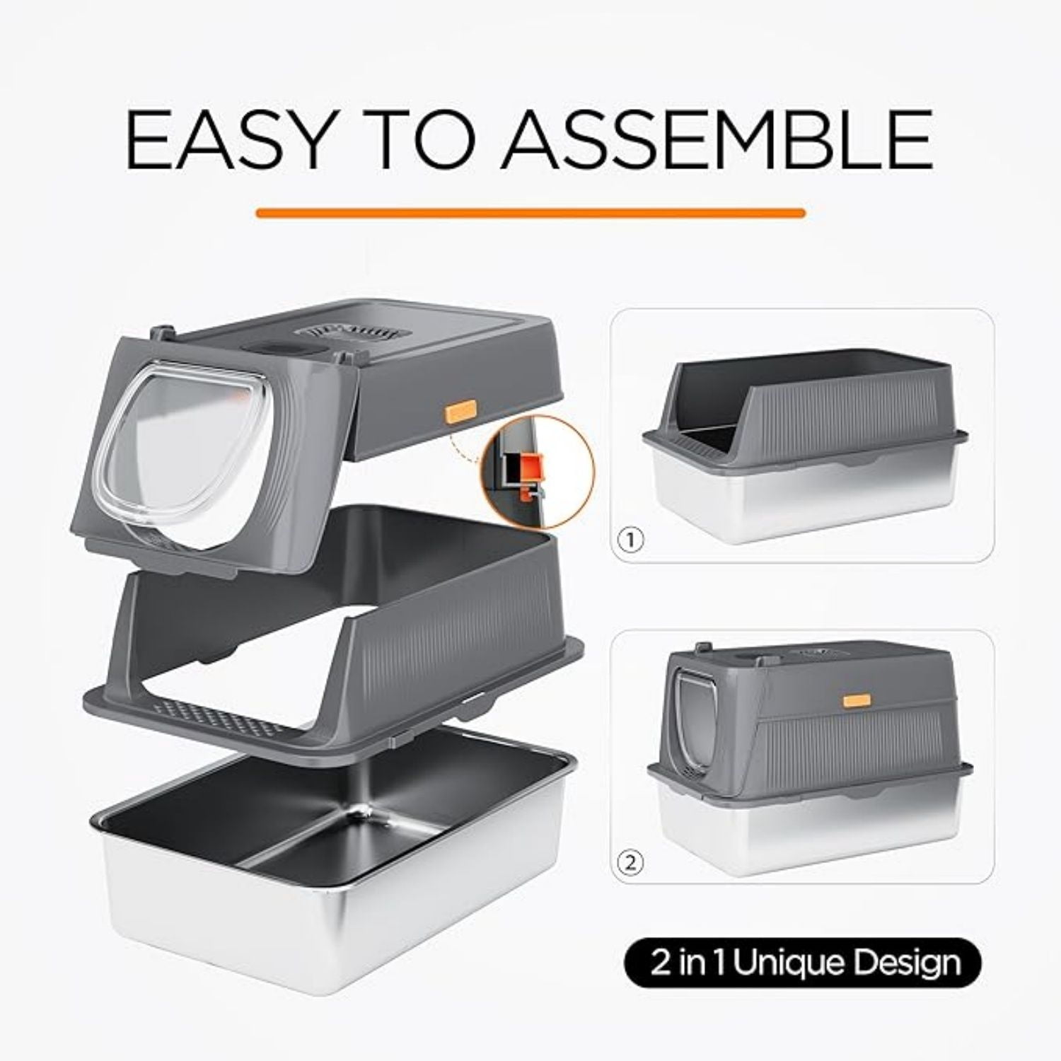 Stainless Steel Cat Litter Box with Lid, XL Extra Large Enclosed Removable Metal Litter Box with Litter Scoop&Double Layer Litter Mat, Non-Sticky, Non-Odor, for Big Cats Dark Grey