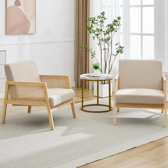 Mid Century Modern Accent Chair, Comfy Living Room Chairs with Sturdy Wood Legs, Rattan Backrest & Beige Thick Linen Cushion, Armchair for Bedroom Balcony Apartment, Beige (2 PCS)
