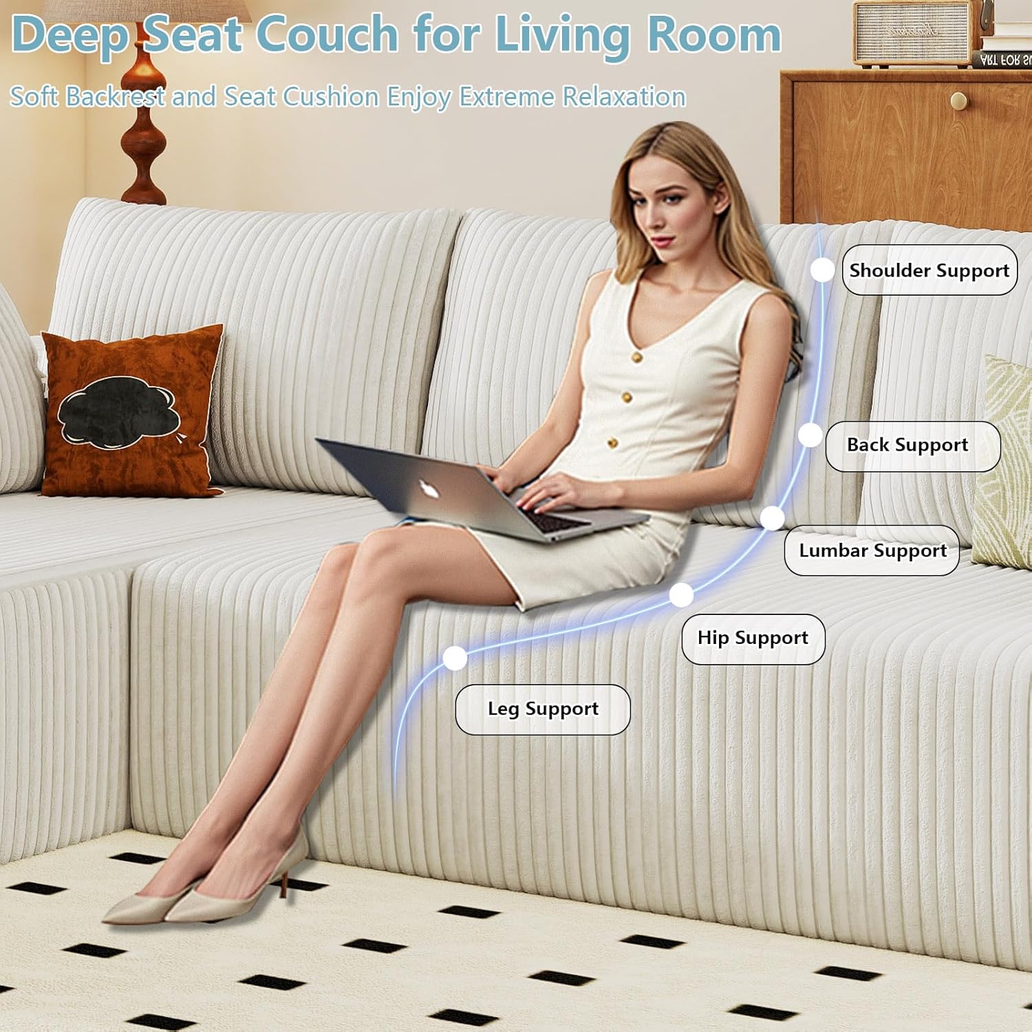 Cloud Couch Sectional, 96" L-Shaped Sofa, No Assembly Corduroy Couch with Chaise for Living Room,White