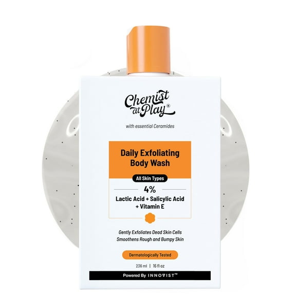 Chemist At Play Gel Douche Exfoliant / pour Peau Sèche, Rugueuse, Bosselée, Fraise avec 1 % Acide Salicylique, 2 % Acide Lactique & Céramides / pour Hommes & Femmes / 236ml + Loofah
