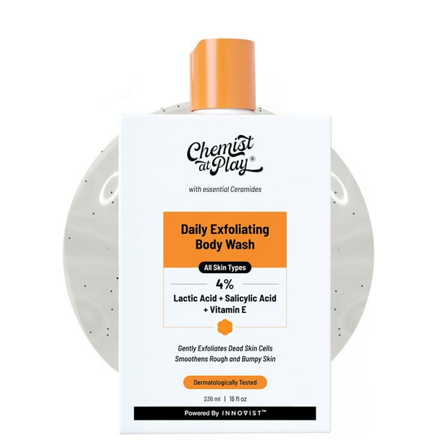 Chemist at Play Body Wash exfoliante para piel de fresa seca, áspera y con baches con 1% de ácido salicílico, 2% de ácido láctico y ceramidas para hombres y mujeres (7,9 onzas)