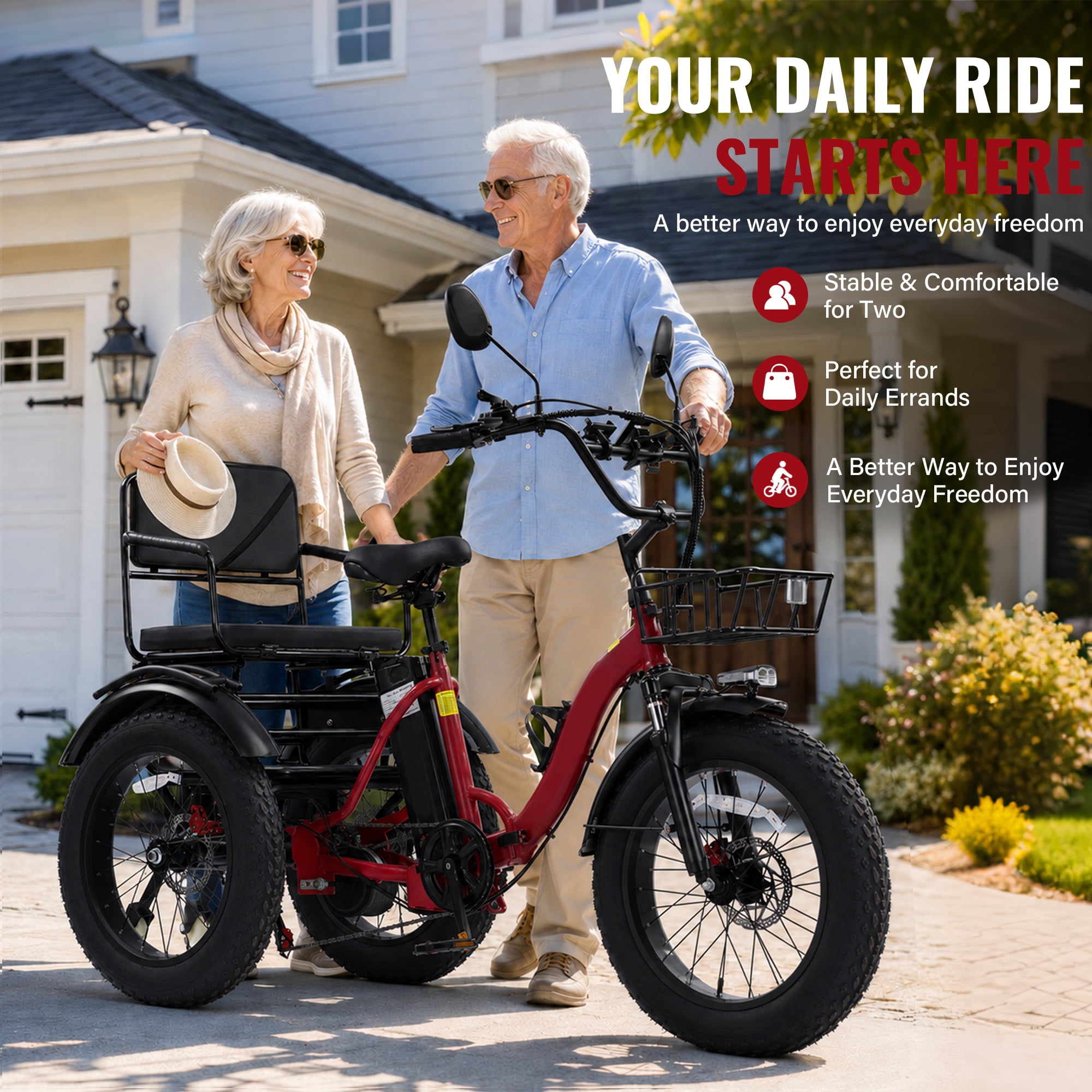 Broobey Two-Seater Electric Tricycle for Adults, 750W 3 Wheel Electric Trike with 48V 15.6Ah Removable Battery, Up to 18.6 MPH, 20" x 4.0 Fat Tires, Passenger Seat, Rear Basket