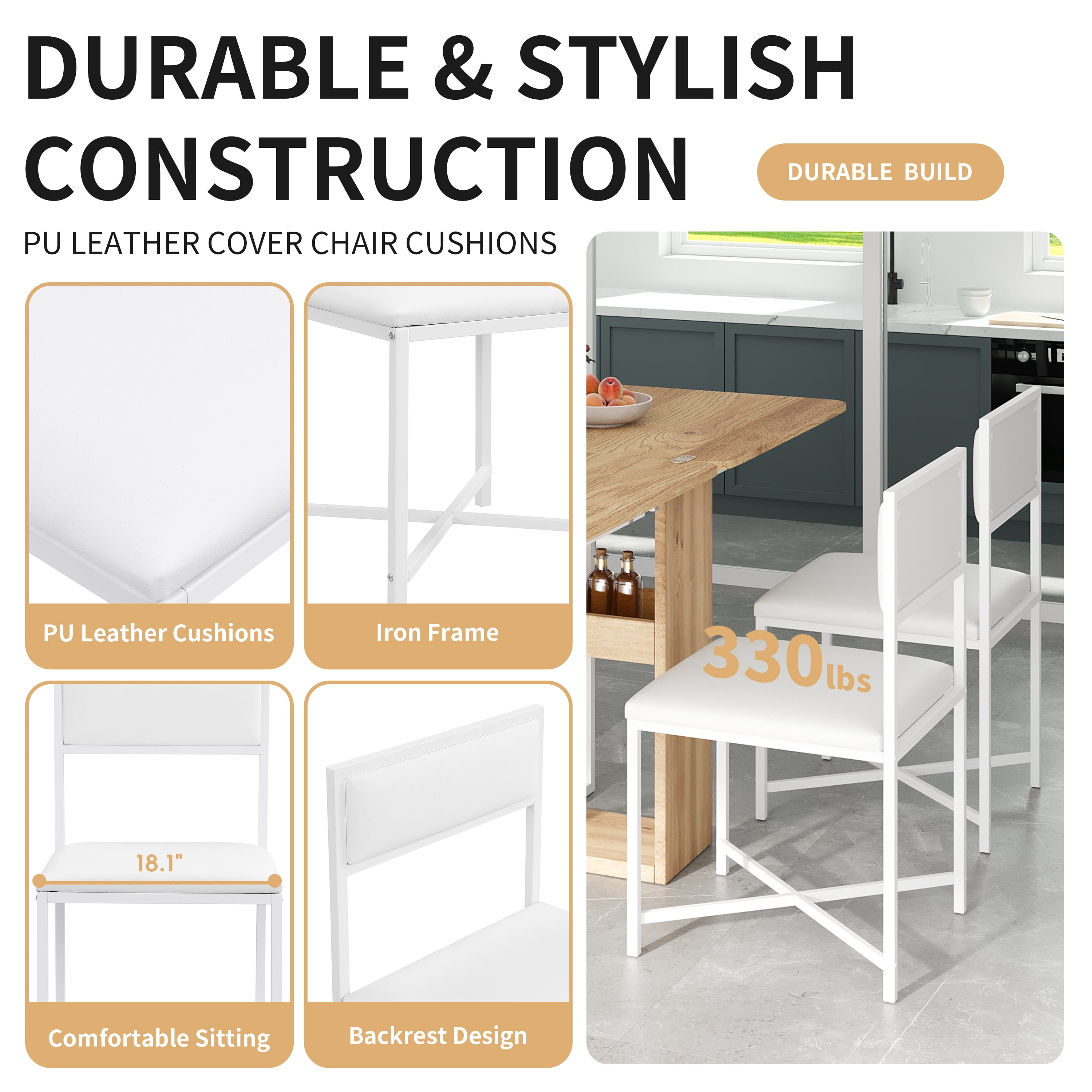 Euroco 5-Piece Extendable Dining Table Set for 4, Modern Compact 63" Foldable Square Kitchen Table Set with Storage Rack and 4 Upholstered Chairs for Small Places,White