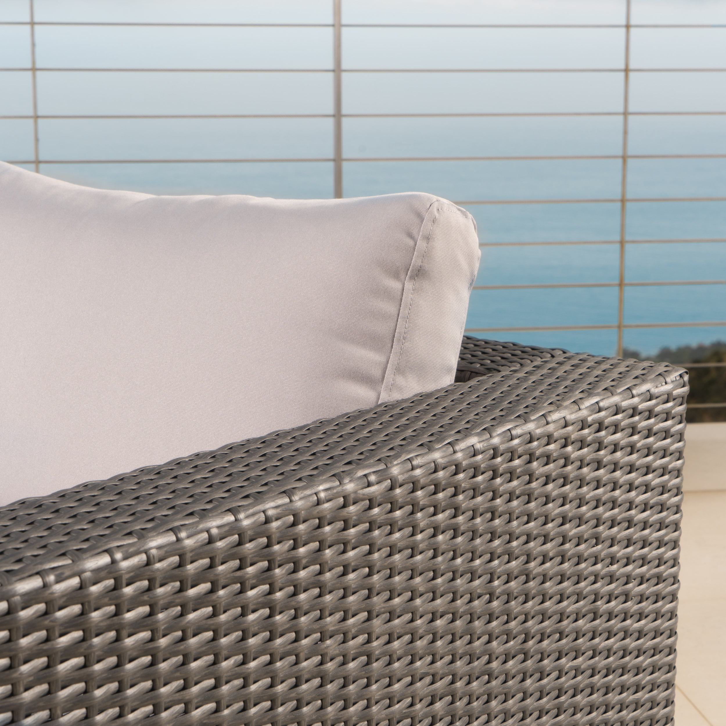 Faviola Outdoor 7 Seater Wicker Sectional Sofa with Aluminum Frame and Cushions, Grey, Silver
