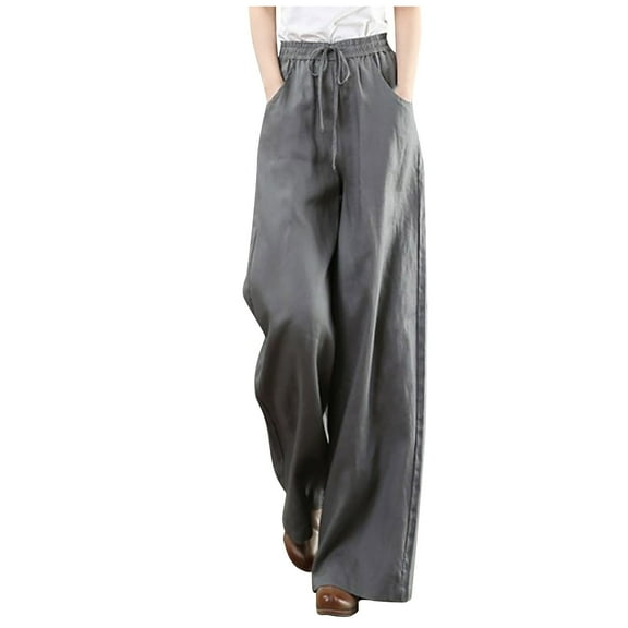 Baggy Pants New Plus Size Pants for Women Casual Linen Pants Summer Comfy Wide Leg Drawstring Elastic Waist Loungewear Pants Womens Pants Gray L