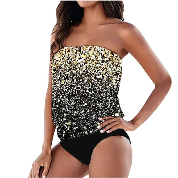 WREESH Womens Strapless Tankini Swimsuit Corset Bustier Tops Two Piece Set Swimsuits Stripe Print Filled Bra Swimwear Beachwear Bathing Suit Black