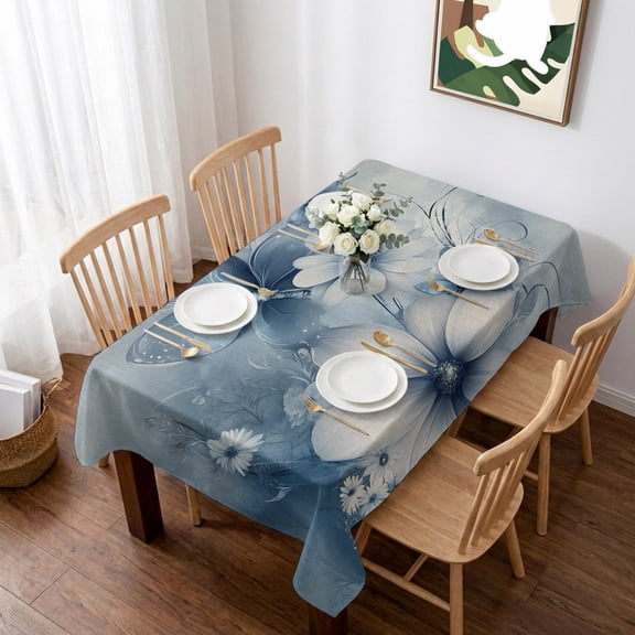 Blue White Daisy Table Cloth Waterproof Tablecloths, Vintage Elegant Butterfly Flowers Tablecloth Dining Table Cover for Kitchen Party Tabletop Outdoor, Rectangle Tablecloth 60x84 Inch