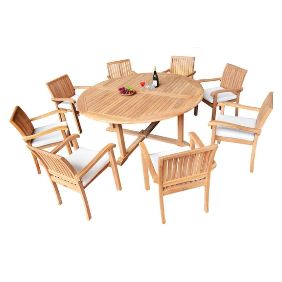 9 PC A Grade Outdoor Patio Teak Dining Set - 72" Round Table & 8 Naples Stacking Arm Chairs