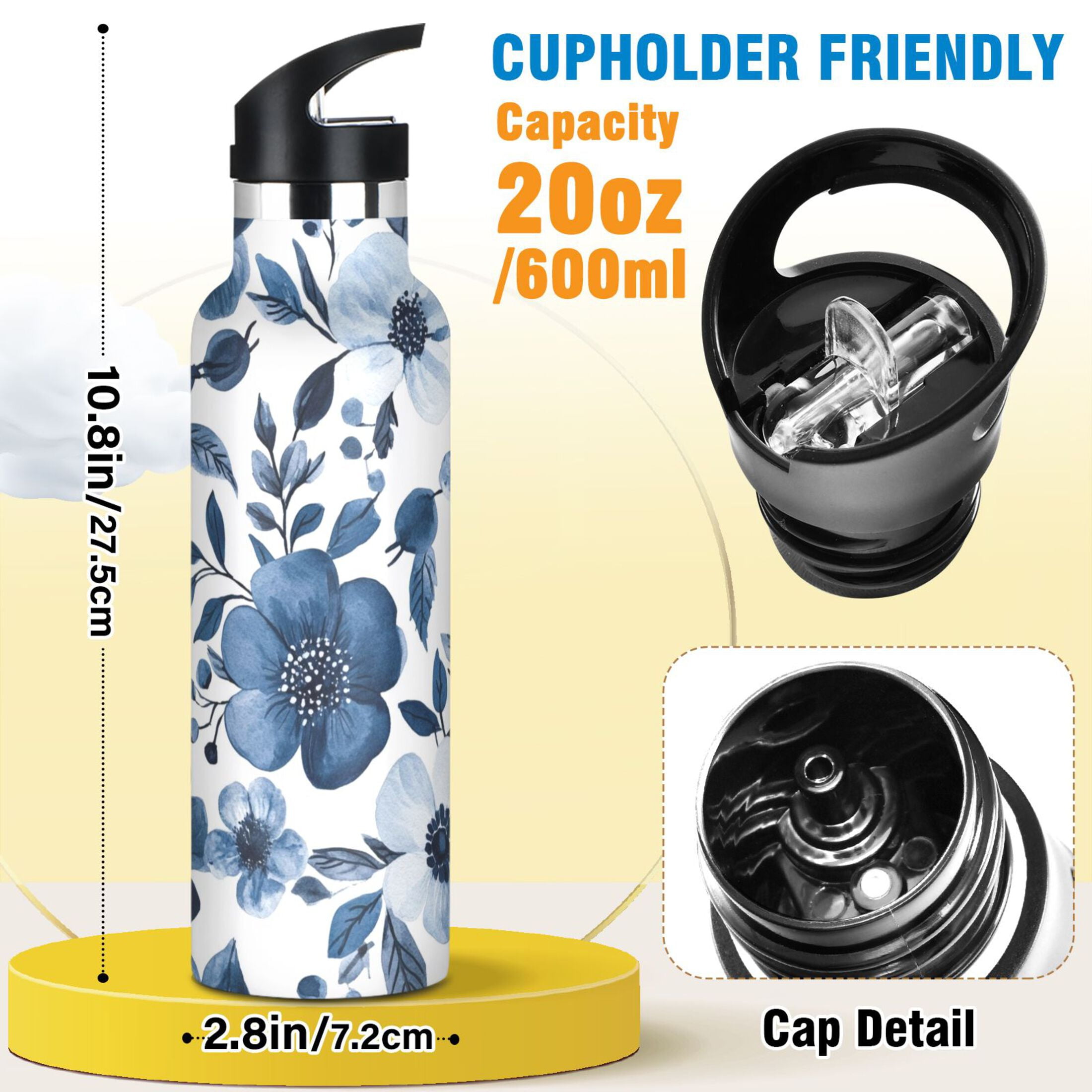 600ML Stainless Steel Insulated Cup Sports Water Bottle Portable Thermos Cup Water Glasses Insulated Tumblers Convenient and Durable Beautiful Navy Flowers
