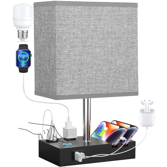 GVDV HOME Table Lamp for Bedroom with Fast USB A&C Charging Ports, Bedside Lamps with 2 Phone Stands, 2 and 3-prong AC Charging Outlets, Touch Lamp for Living Room, Dorm, Home Office