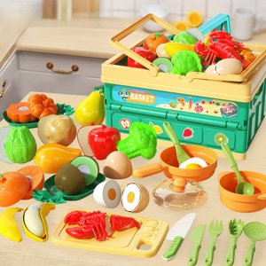 HLONK Jouer des ensembles alimentaires pour les enfants cuisine - Fausse nourriture Jouet prétendant jouer Accessoires de cuisine avec panier pliable pour les filles et les garçons Ages 3-8 Meilleurs jouets de cuisine Cadeaux pour Noël Anniversaire Nouveau