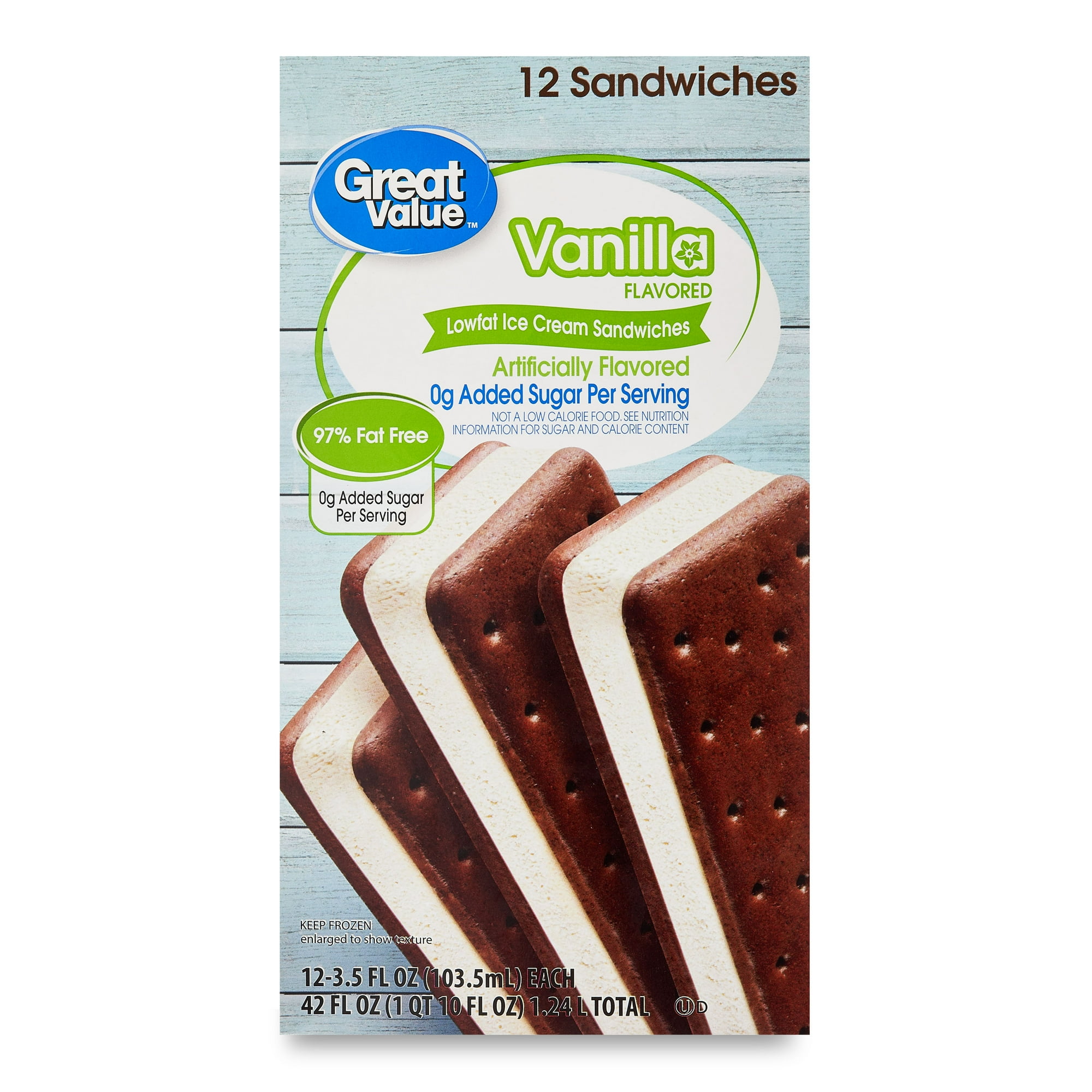 Great Value Vanilla Flavored Low Fat Ice Cream Sandwiches, 42 fl oz, 12 Pack