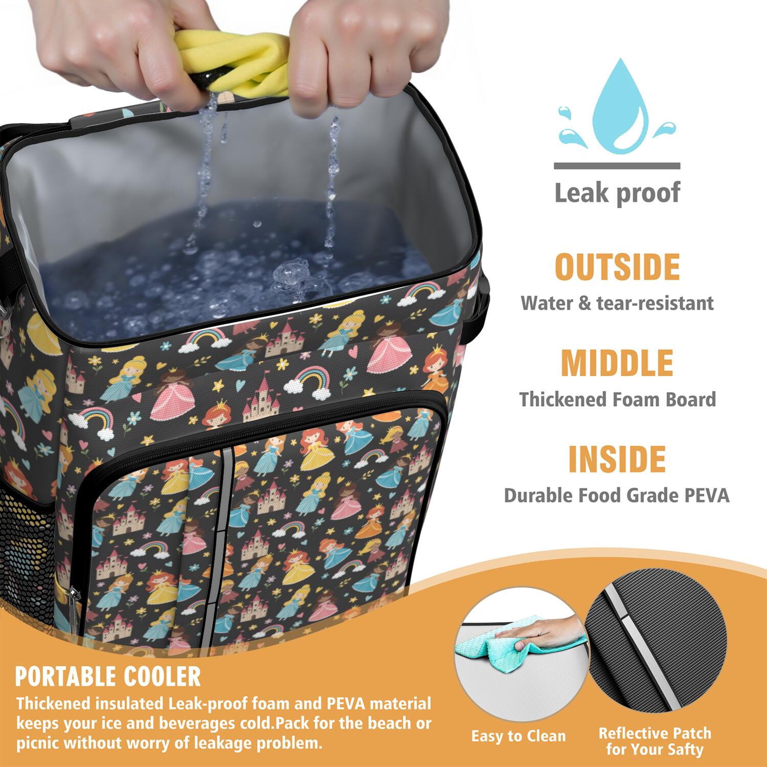 Travel Cooler Bag - Black Princess Castle Pattern Camping Beer Cooler Backpack with Bottle Opener- Waterproof Insulated Picnic Backpacks - Cooler Bag for Beach
