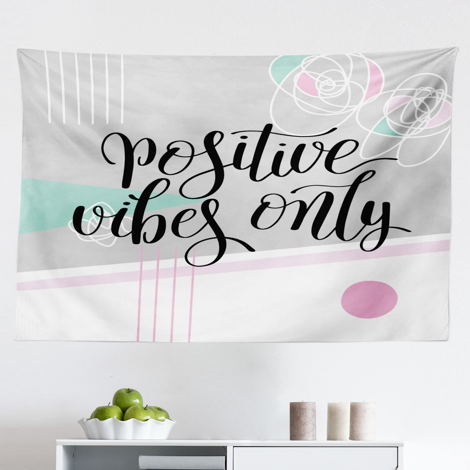 Ambesonne Positive Energy Tapestry, Cursive Lettering Words on Circular Pastel Tone Backdrop, Fabric Wall Hanging Decor for Bedroom Living Room Dorm, - 1