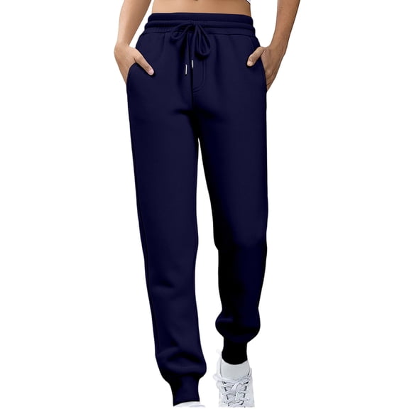 Women's Fleece Lined Joggers with Pockets High Waisted Straight Leg Sweatpants Winter Warm Lounge Jogging Pants Navy 2XL