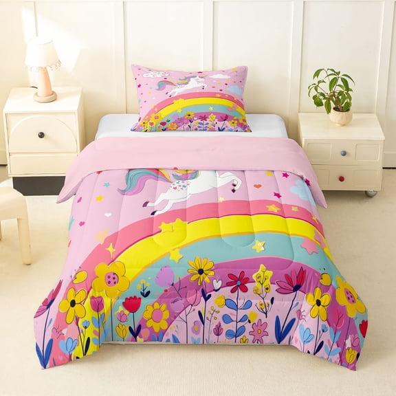 Manfei Dreamy Unicorn Pattern Twin Comforter Sets,Kawaii Flowers Bedding Set,Pink,Pink Reversible,2-Piece,1 Comforter and 1 Pillowcase