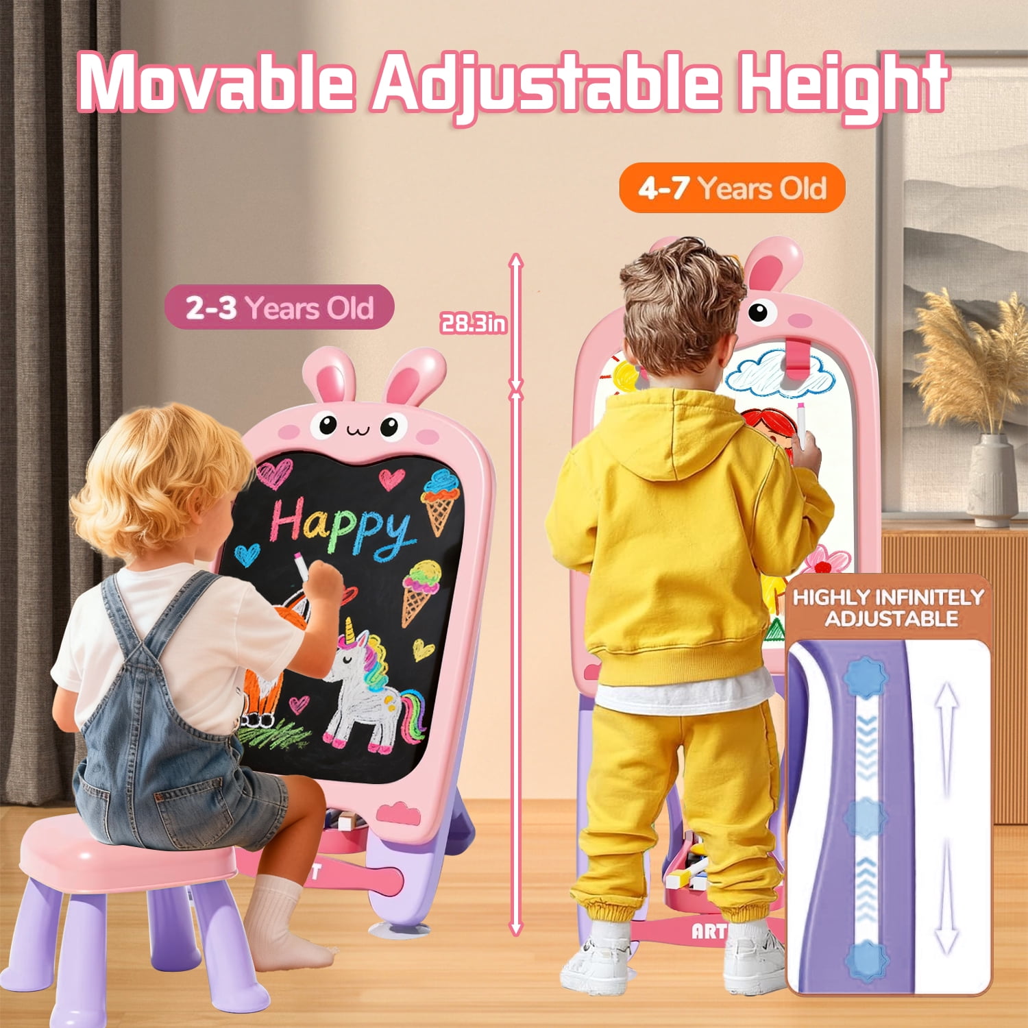 Aijohnny Rabbit Easel for Kids, Adjustable Standing Magnetic Drawing Board with Chair for Girls & Boys, Birthday Gift for 3-5 5-8 Year Old
