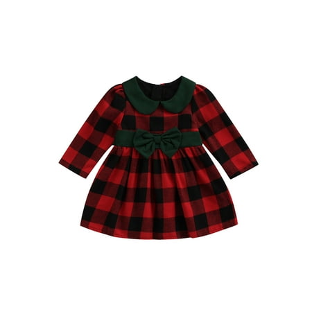 

Calsunbaby Little Girls Christmas Plaid Print Dress Casual Long Sleeve O-neck High Waist Princess Dress with Bow-knot