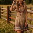 thumbnail image 2 of Morttic Women's Geometric Print U Neck Sleeveless Midi Dress – Ruched High Waist A-Line, Retro Boho Vacation Outfit Khaki，XL, 2 of 4