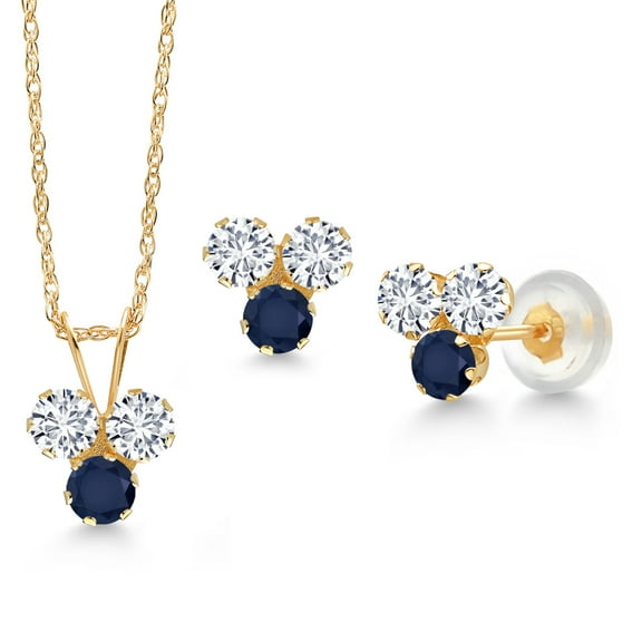 Gem Stone King 14K Yellow Gold White Lab Grown Diamond and Blue Sapphire 3 Stone Pendant and Earrings Jewelry Set for Women (1.05 Cttw, Round 3MM, with 18 inch Chain)
