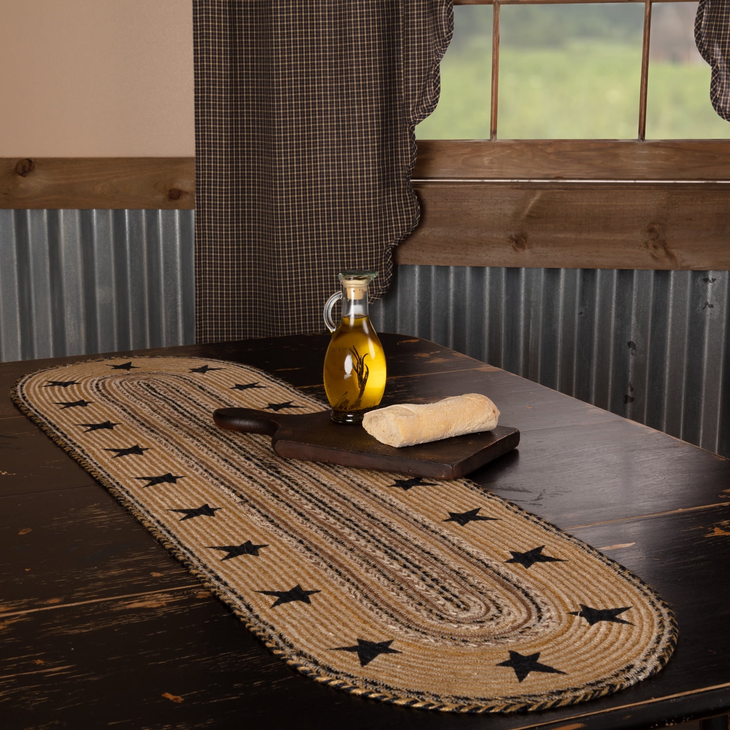 VHC Brands Kettle Grove Primitive Stars Border Table Jute Runner Stenciled Textured Jute 13x48