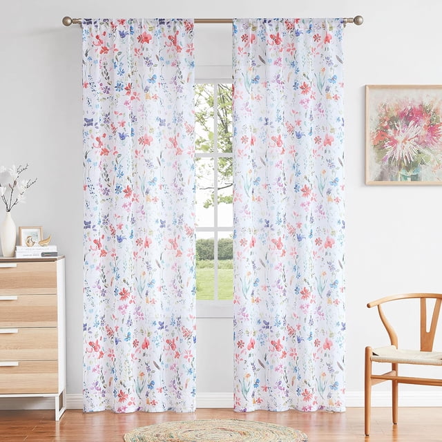 Multi Floral Sheer Curtains 63 Inch Length for Living Room Print Colorful Flower Window Curtain Panels Linen Textured Farmhouse Rustic Curtains Rod Pocket 40" W x 63" L,2 Panels