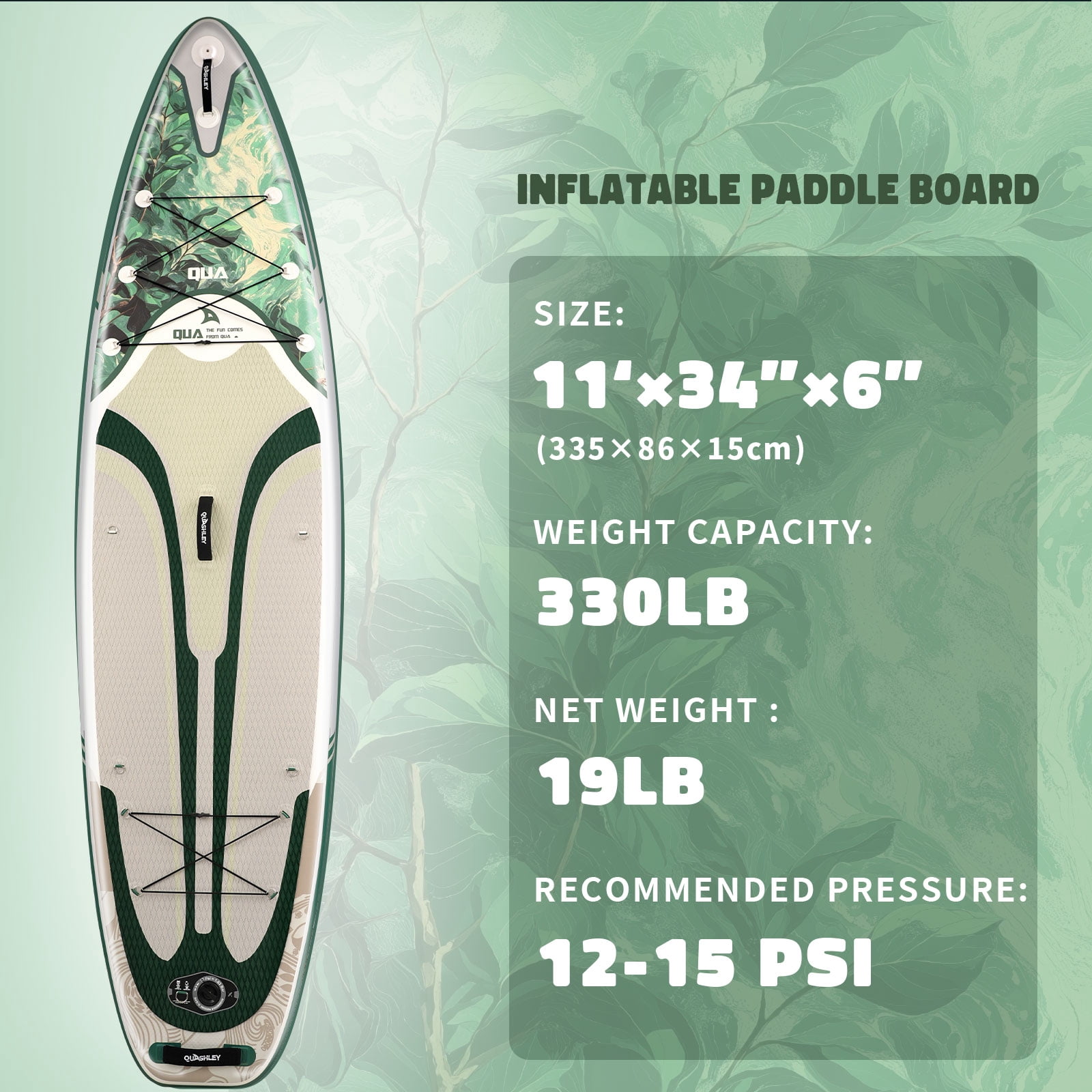 Quashley Wide Inflatable Stand up Paddle Board, 11 ft x 34 inch All-Around SUP Board with Paddle, Hand Pump, Backpack and Leash