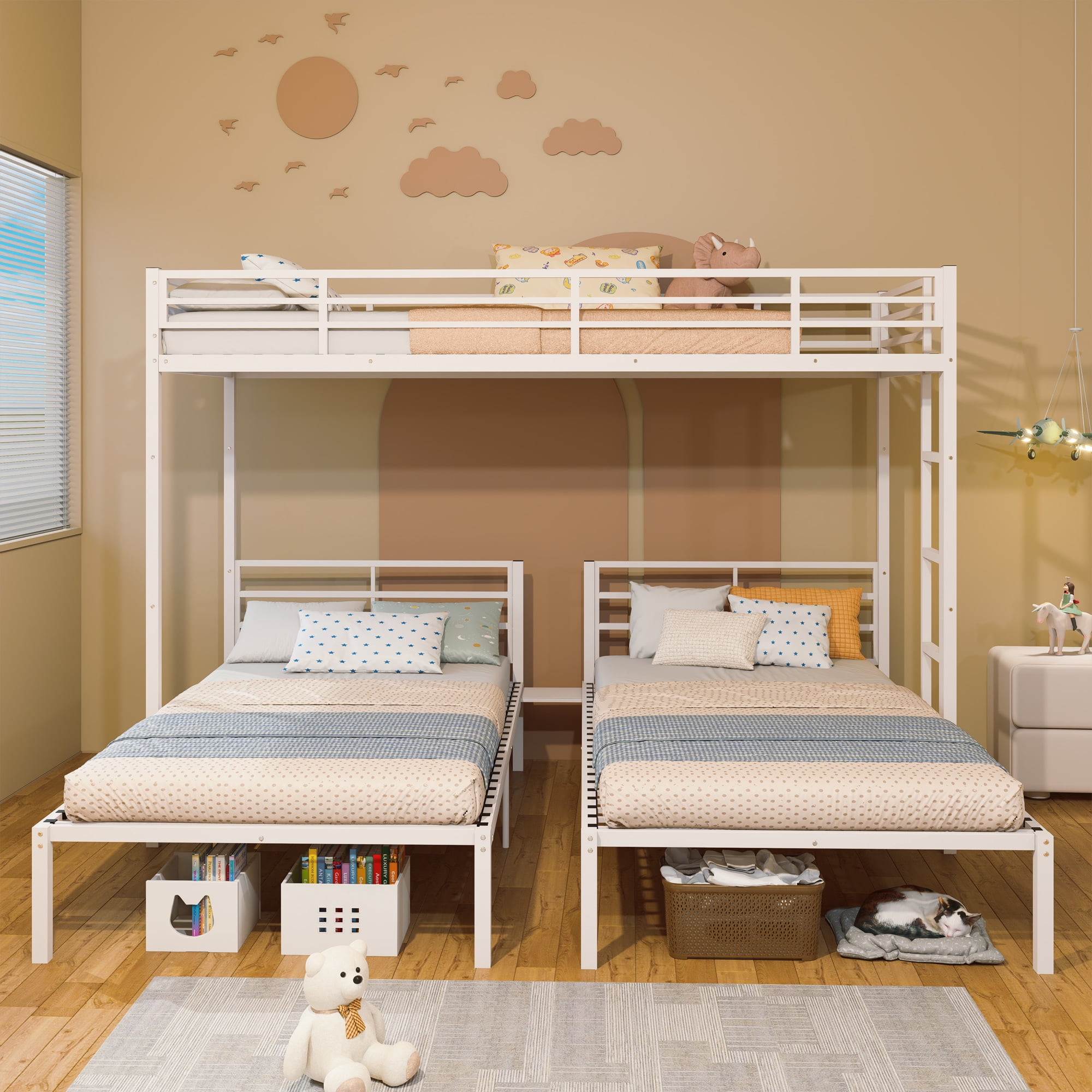 Mintazer L-Shaped Triple Twin Bunk Bed, Detachable Metal Bunk Bed Frame with Ladder & Guardrail for Teen Adult Bedroom Dormitory, White
