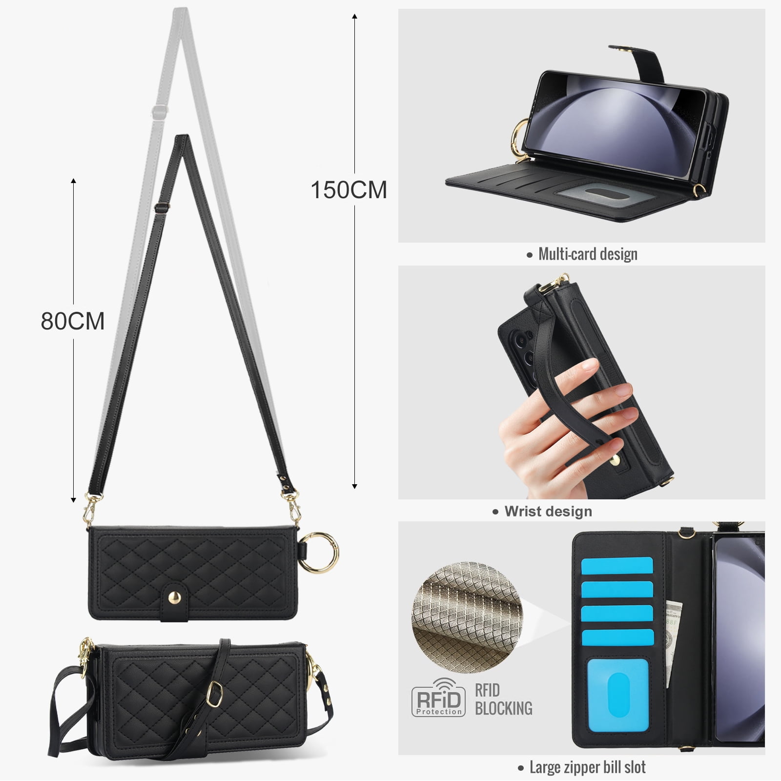 REQO Flip Phone Case for Samsung Galaxy Z Fold 6,Multifunctional Leather Wallet Cover with Wrist Strap Long Shoulder Strap RFID Blocking Case,Black