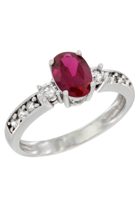 10k White Gold High Quality Natural Ruby Ring Oval 7x5 mm Diamond Accent, size 10