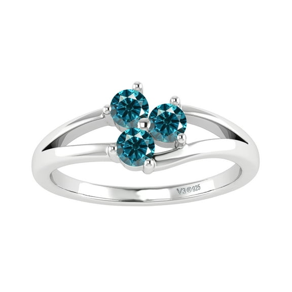 V3 Jewelry® 925 Sterling Silver with 1/3 CTTW Natural Blue Diamond Three Stone Ring for Women