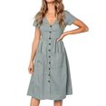 thumbnail image 1 of Women's Summer Short Sleeve V Neck Button Down Swing Midi Dress with Pockets, 1 of 1
